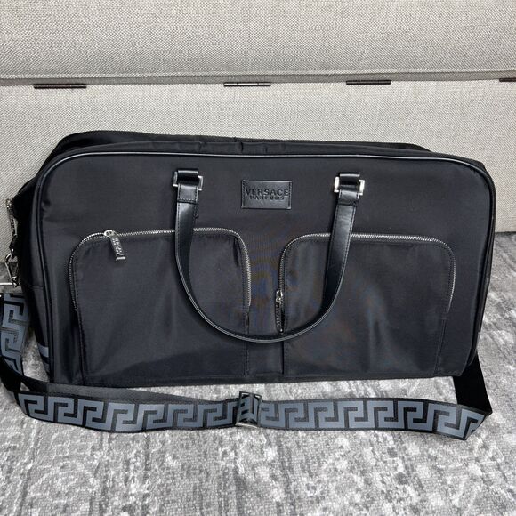 New VERSACE Parfums Duffle Bag Black Greek Key Design Overnight Weekender Travel - Picture 1 of 7
